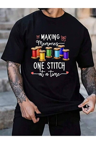 9TAY 100% Cotton Making Memories One Stitch At A Time Women's Men's Black Vac...