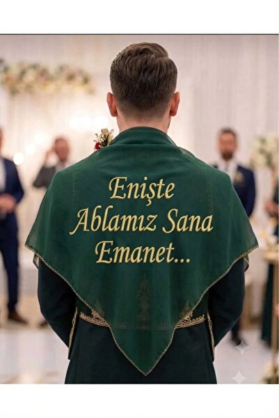 Evsay Nakışlı İsimli Yeşil Şifon Damat Örtüsü Omuz Şalı Gold Nakışlı (Eldivenli)