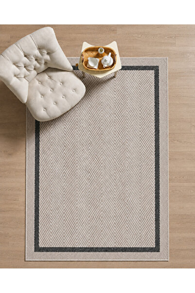 Craft Halı Krem/Gri Sisal Kolay Temizlenen Mikanede Yıkanabilir Bordürlü Halı
