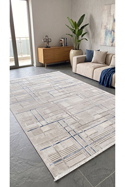 Pastel Modern Dokulu Geometrik Desenli Mavi Halı Oturma Odası Salon Yatak Oda...