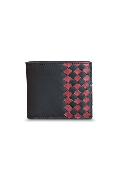 Çıkrık Guard Matte Black Red Hand Knitted Leather Men's Wallet