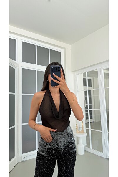 GAUS CO Siyah Degaje Yaka Simli Bluz GAUS-01744