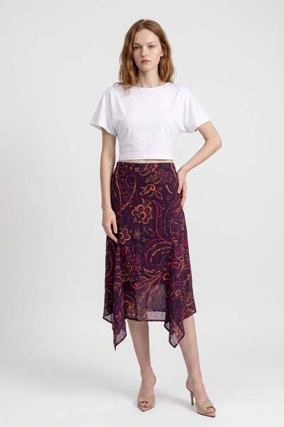 HAKKE Women's Patterned Asymmetrical Cut Chiffon Skirt