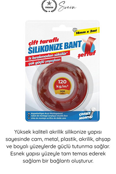 Svein #ÇiftTaraflıBant Şeffaf Çift Taraflı Akrilik Montaj Bandı 18mm x 2 Metre Güçlü Yapışkan İz Bırakmayan Silikonize Nano Sabitleme Bandı Cam Duvar Ayna Otomotiv Çıta Logo Askılık Pano Ev Ofis Kullanımı