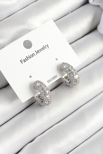 Mega Bazaar Brass Zircon Stone Hoop Model Silver Color Women's Earrings