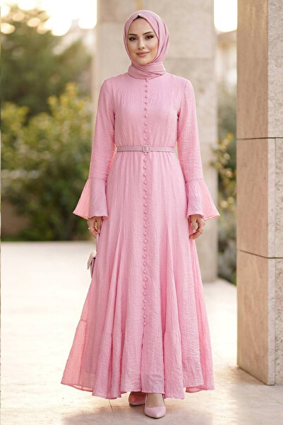 N.S NEVA STYLE Rochie musulmană din tul modal roz, cu mâneci bufante și centu...