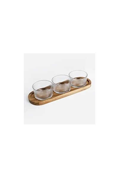 OEM Platou pentru aperitive din lemn de salcâm cu 3 boluri transparente din s...