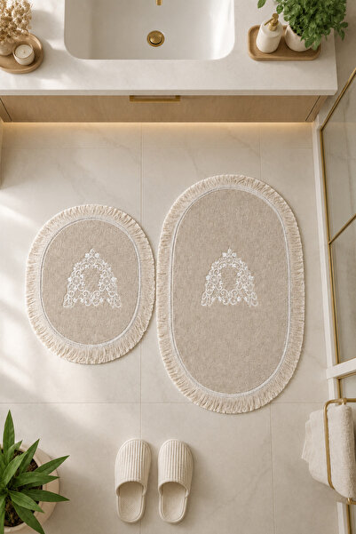 Bonny Home 2-Piece Lace Non-Slip Leather-Based Oval Bath Mat with Tassels and...
