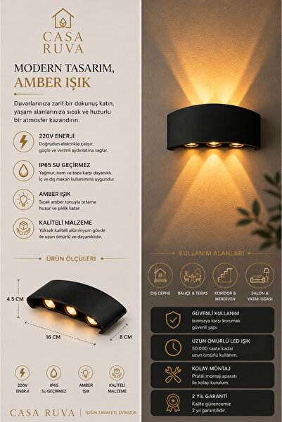 CASA RUVA AMBER RENKLİ Dekoratif Çift Yönlü Iç Dış Mekan Duvar Aydınlatma Led...