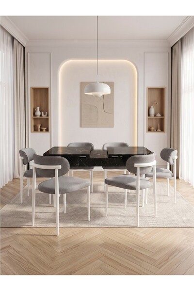 Concept Ayz Home Bella Serisi 6 Kişilik A.Gri Kumaş 80*130 Siyah Mermer Açılı...