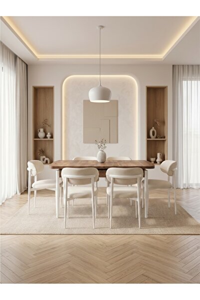 Concept Ayz Home Bella Serisi 6 Kişilik Beyaz Kumaş 80*130 Çam Açılır Masa Sa...