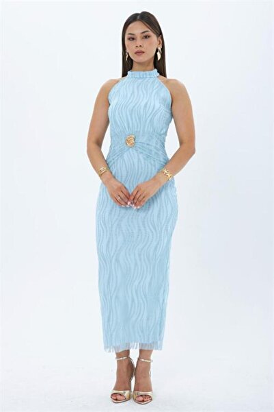 Neşeli Butik Women's Baby Blue Flock Print Halter Neck Gold Belt Detailed Mid...