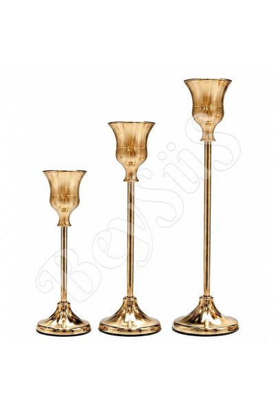 BeySüS Dekoratif 3lü Şamdan Metal Gold