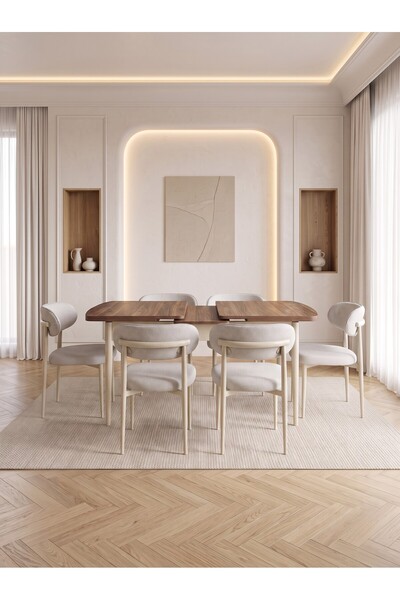 Concept Ayz Home Bella Serisi 6 Kişilik Krem Kumaş 80*130 Çam Açılır Masa San...