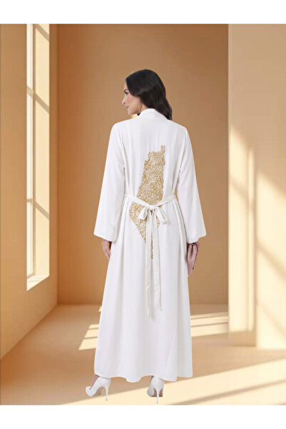 FNM Women's Gold Embroidered Palestine Map Abaya - Open Front Belted Long Kimono