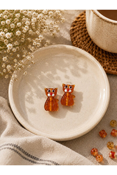 ADAMODART Handmade Murano Glass Amber Cat Beads (2 Pieces)