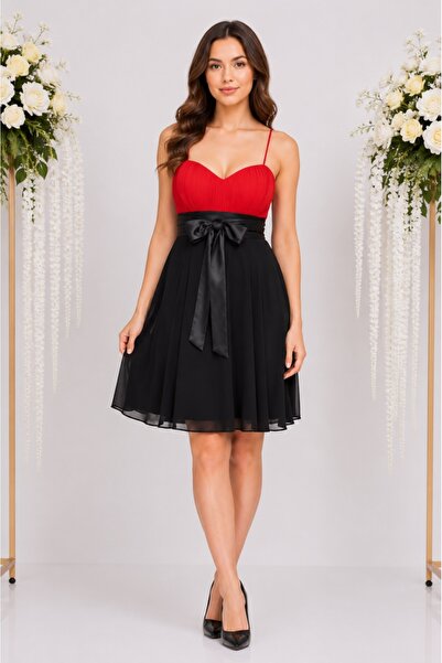 OEM Rochie cu breretele rafinate, nuanta de rosu, fundita fashion