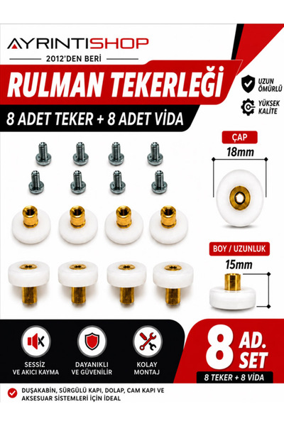 Duşakabin Tekerleği Seti Beyaz Renkli Plastik Malzeme ile Kolay Temizlik Özelliği 8 li Teker Seti