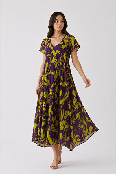 Sibel Günay Butik Purple Lime Picasso Patterned 120 cm Cotton Viscose Straigh...