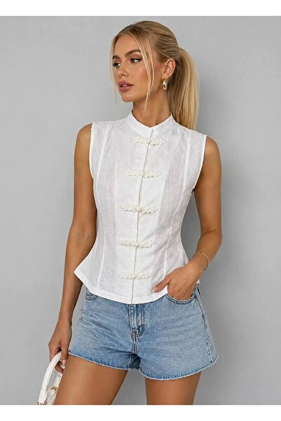 Park Karon Women's Cotton Chinese Buttoned Stand Collar Sleeveless Blouse Shi...
