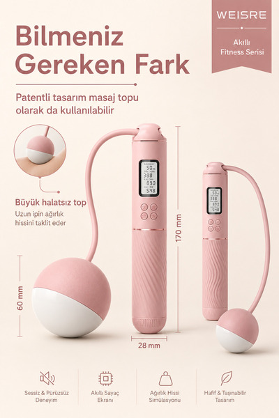 Weisre 2’si 1 Arada Dijital Sayaçlı Atlama İpi, Kablolu ve Halatsız Kullanım, LCD Ekranlı