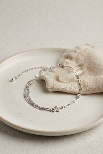 OGHAMAY Silver Color Brass Paperclip and Chain Star Model Women's Bracelet