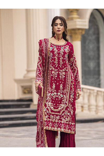 MYSMAR Maroon Heavy Faux Georgette Embroidered Palazzo Suit Set - HRT7523 | M...