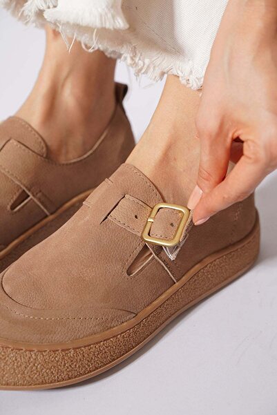 Moda Pie Solaser Yan Tokalı Atkılı Hakiki Deri Kadın Ayakkabı Bej Nubuk