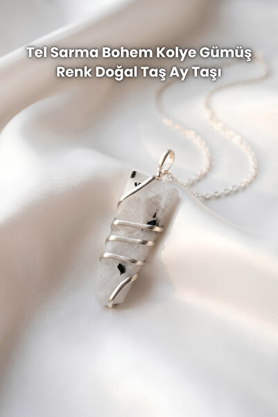 Elifsu Jewelry قلادة بوهيمية ملفوفة بالسلك، لون فضي، حجر طبيعي، حجر العقيق ال...