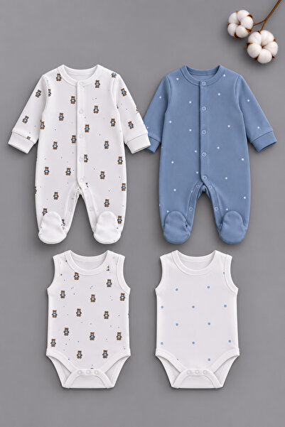 My Babies Label E4 Piece 100% Cotton Teddy Bear Patterned & Striped Baby Romp...