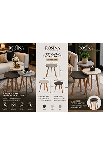 Rosina 3’lü Yuvarlak Zigon Sehpa Seti Ahşap Ayaklı – Modern Yan Sehpa, Salon ...