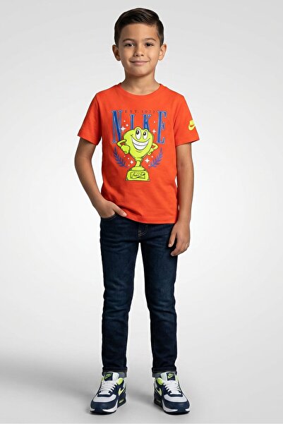 Nike Kids Boy Sportswear Fit Short Sleeve Graphic Print Outdoor T-Shirt, Orange