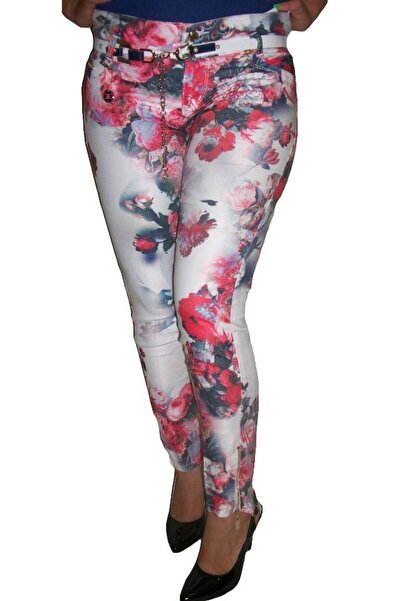 OEM Pantaloni casual, lungi, in nuante alb-bleumarin-rosu