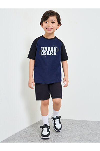 Styli Boys Dark Blue Printed Raglan Sleeve T-Shirt and Shorts Set