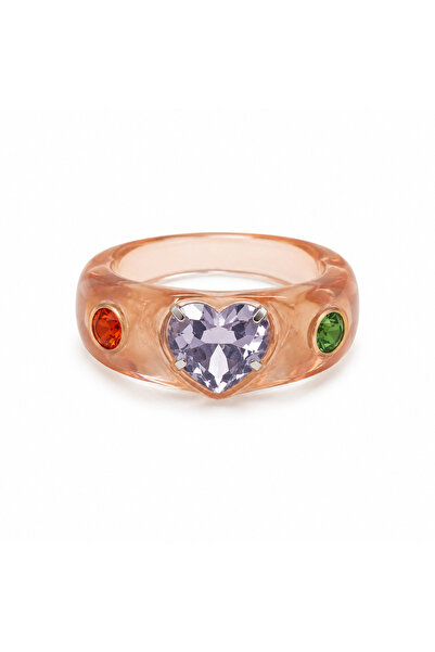 POSEİDONS JEWELLERY Şeffaf Şeftali Reçine Lila Kalp Taşlı Kadın Yüzük