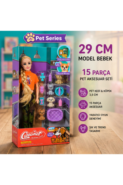 LRS STORE 29 cm Pet Bakım Oyuncak Bebek Seti 15 Parça Kedi Köpek Figürlü Akse...