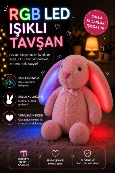 STORE24 LED Işıklı Papyonlu Uzun Kulak Bunny Peluş Tavşan 65 cm | Yumuşacık U...
