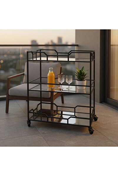 YINZUO 3-Tier Rolling Bar Cart with Glass Shelves, Tempered & Mirror Glass Storage Trolley, Metal Serving Cart with Wheels & Lockable