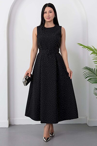 PULLIMM Oval neck belted stone crepe dress grs4095