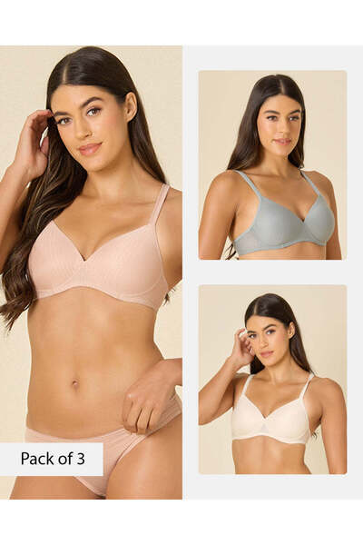 REDTAG Women Beige Textured Non-Wired T-Shirt Bras (Pack Of 3)
