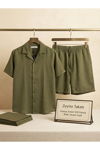 ATKGİYİM 3. 100% Linen Shirt & Shorts Two-Piece Set Breathable Summer Men's C...