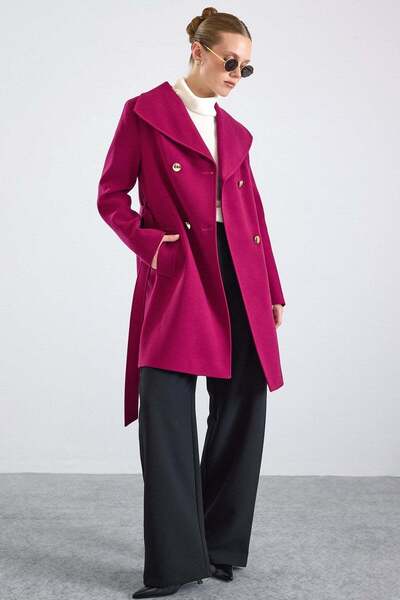 Olcay Woven Collar Metal Buttoned Double Breasted Coat Fuchia 3168