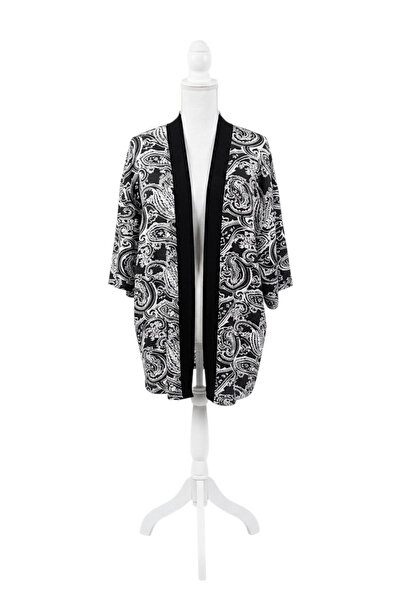 maia Black and White Ethnic Patterned Midi Length Linen Kimono