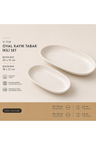İD FİNE Porselen Oval Kayık Tabak 2 Li Set Çizgili Mezelik ve Sunum Tabağı
