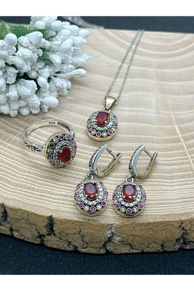 keskin silver Oval Kırmızı Taşlı 925 Ayar Gümüş Takı Seti ✨