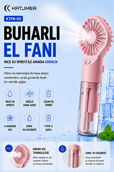 KATJMER KTFN-03 Buharlı Sulu El Fanı, 4 Kademeli Şarjlı Mini Vantilatör, İnce...