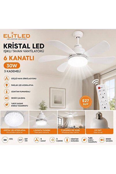 ELİTLED Kristal LED Işıklı Tavan Vantilatörü 6 Kanatlı Kumandalı 30W E27 – 3 ...