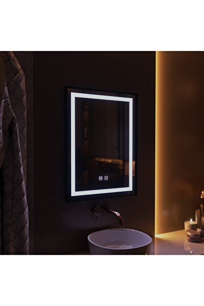 Alista Home Oglindă dreptunghiulară cu LED, 60x80cm, Control tactil pe margine, Sistem anti-aburire, Ramă neagră
