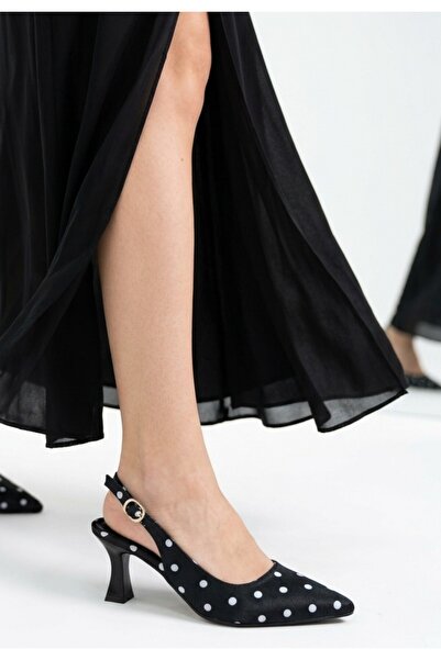 ALFA AKSESUAR 03 Urjay Black Satin White Detailed Heeled Shoes