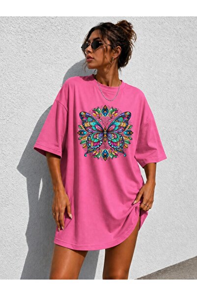 classy moda Γυναικείο μπλουζάκι Oversize με στάμπα πεταλούδας και μάνταλα